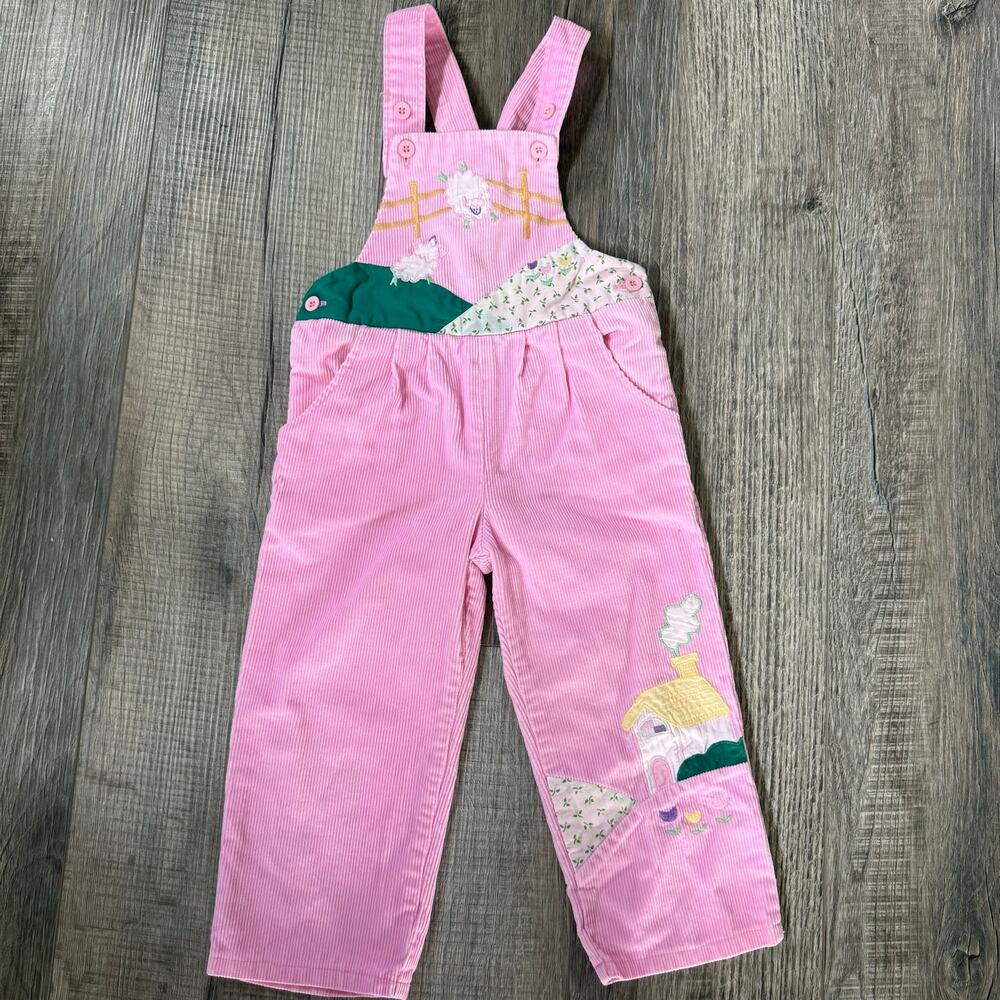 VTG Corduroy Overalls Baby Girls Toddler 2T Pink Sheep Cottage Appliqué Floral